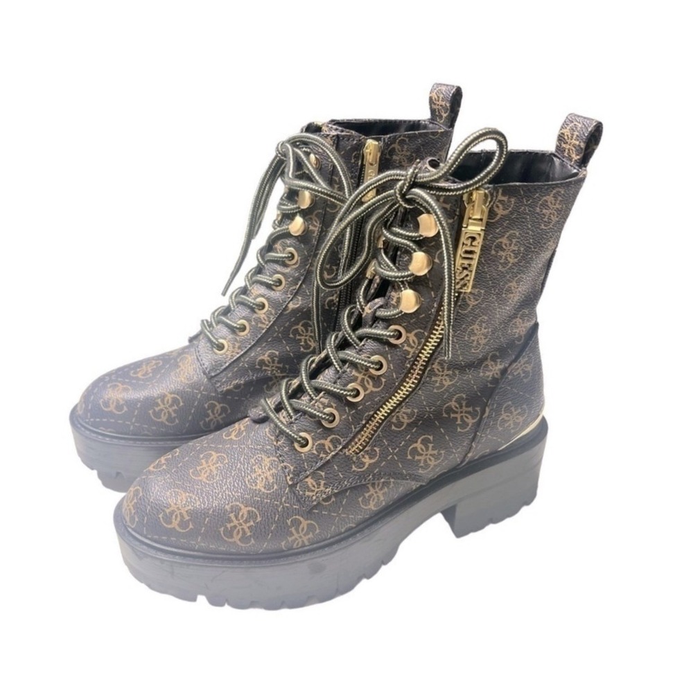 GUESS Fearne Combat Boots Womens 6 Brown Logo Lug Sole Zipper GWFEARNE - Picture 2 of 9